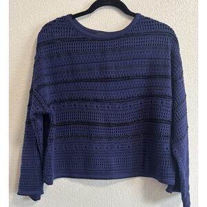 Pointelle Boat Neck Sweater Pullover Navy Festival Boho Hippie Ceny Women's Sz M